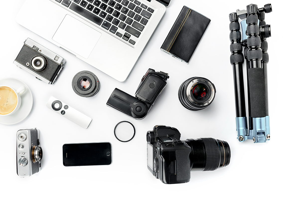 Layout of camera equipment on desk.